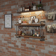 Rustic Industrial Two-Tier Pipe Floating Shelf – Dark Oak